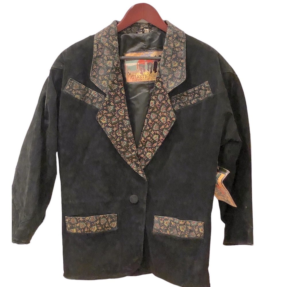 NWT Vintage Black Leather Suede Coat Blazer Paisley Trim Oversized M 90s Western